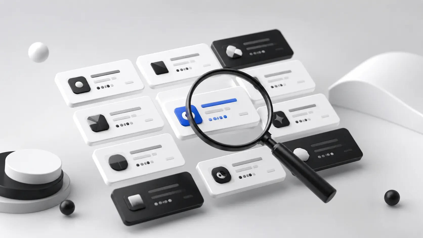 Magnifying glass over a grid of SaaS product cards, showing how FindYourSaaS helps you discover and compare software tools