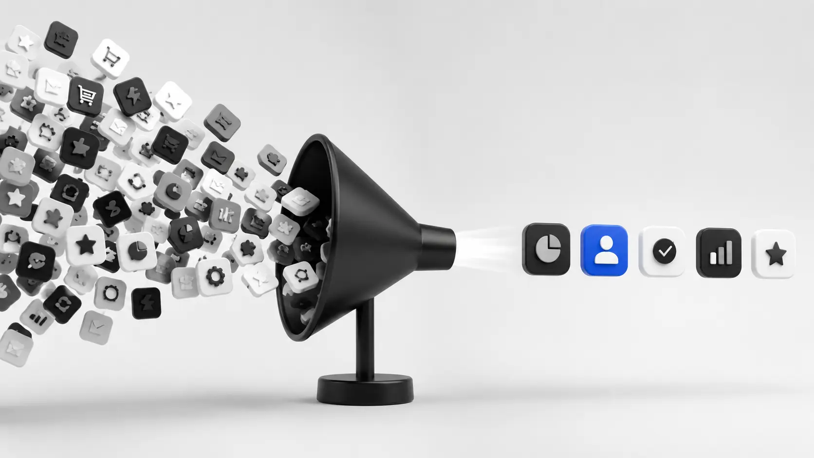 Many app icons passing through a funnel into a short, filtered shortlist, showing how FindYourSaaS filters tools by what you need and who the software is built for