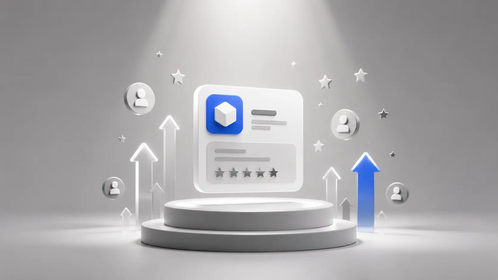 A SaaS listing spotlighted on a podium with five-star reviews and upward arrows, showing a tool getting discovered by people looking for software