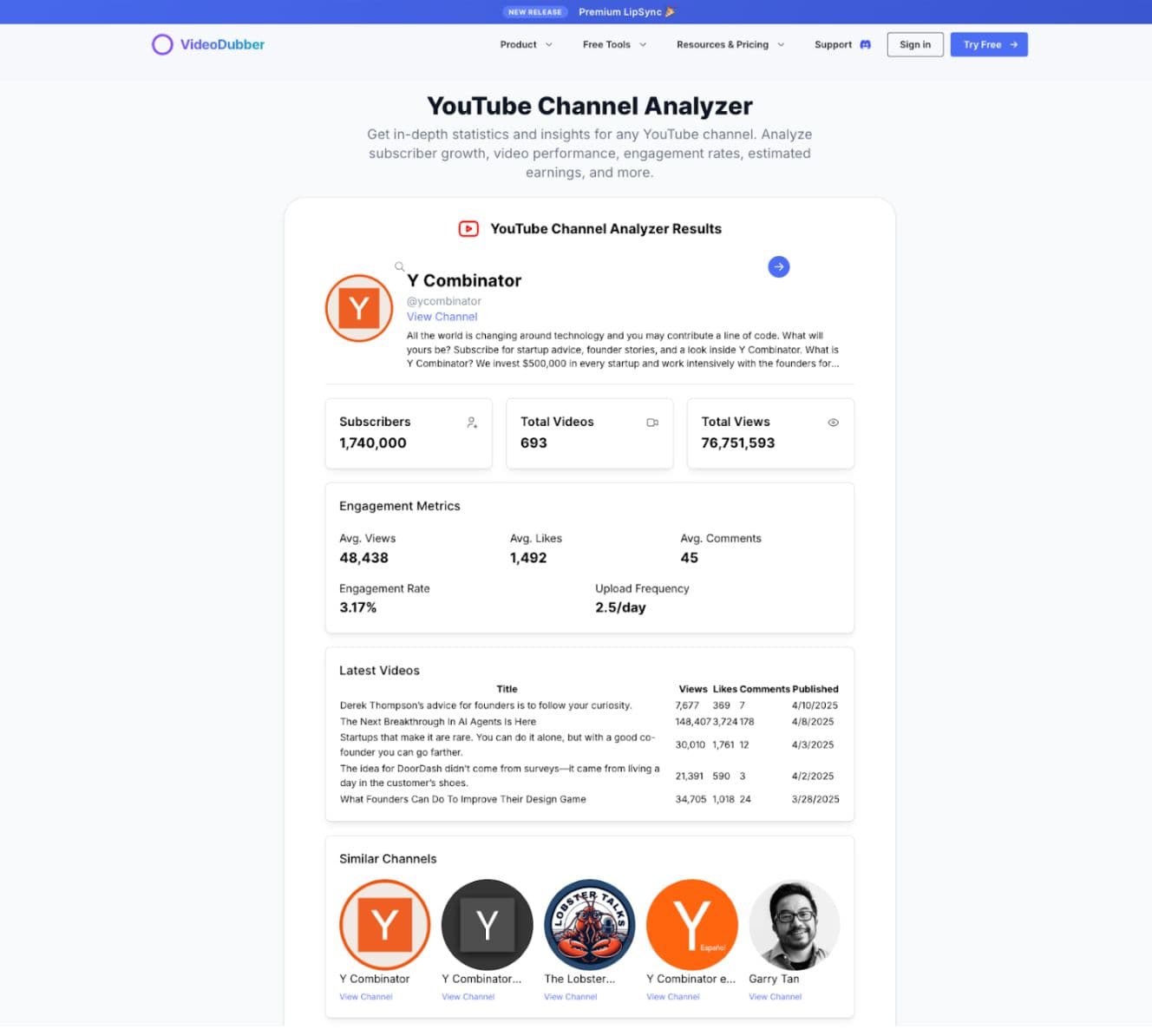 VideoDubber YouTube Channel Analyzer  screenshot 1
