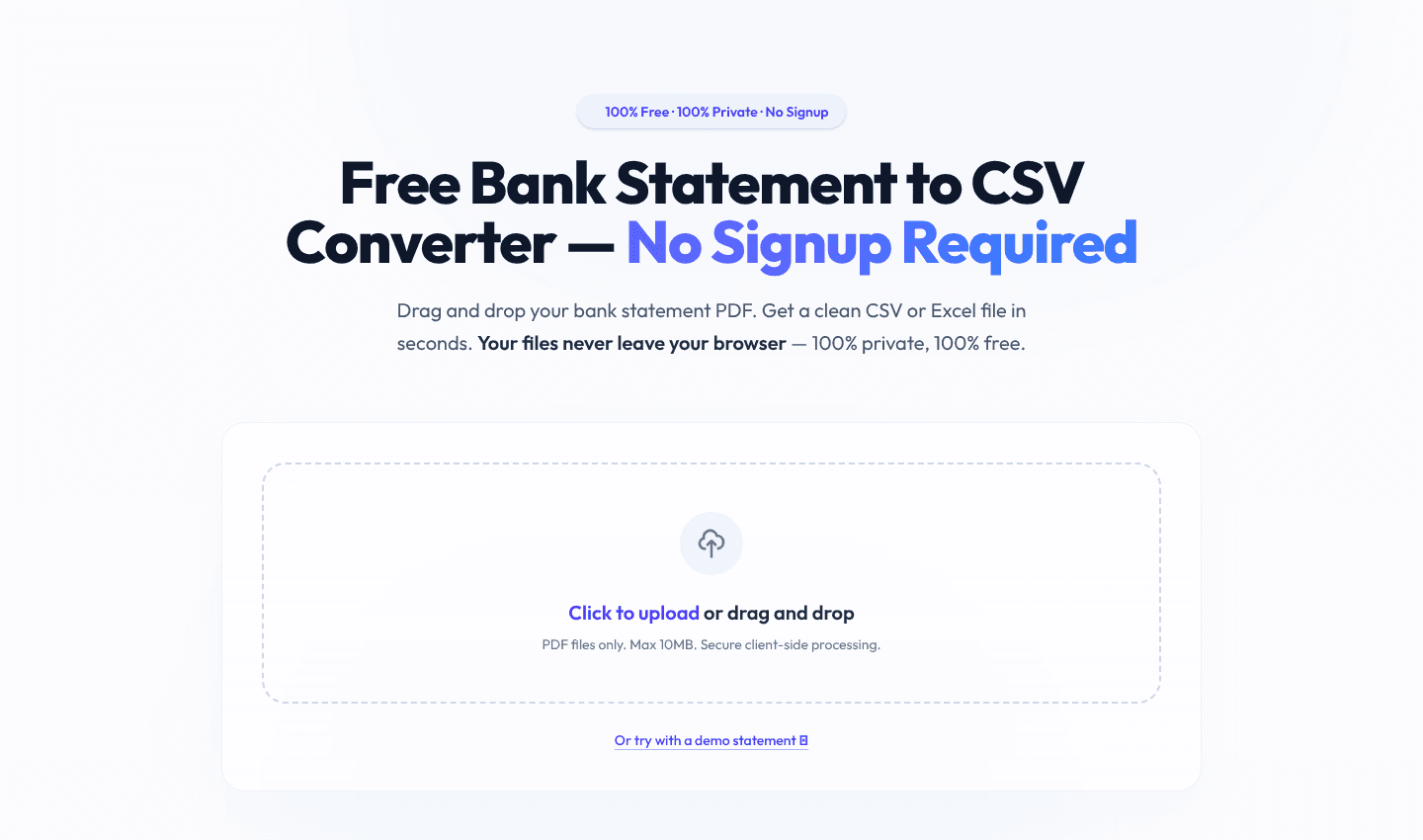 Bank Statement to CSV & Excel Converter — Free, No Signup screenshot 1
