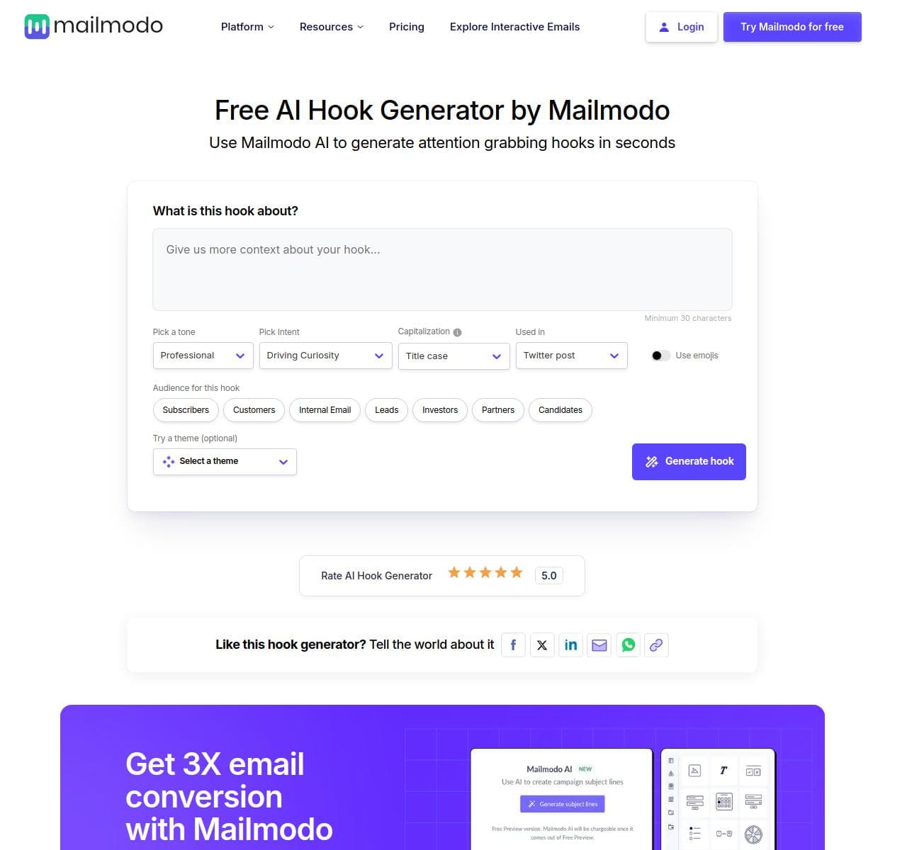Free AI Hook Generator by Mailmodo screenshot 1