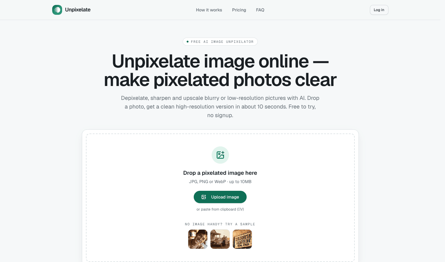 Unpixelate Image Online Free — AI Depixelate & Sharpen Photos Unpixelate Image Online Free — AI Depixelate & Sharpen Photos screenshot 1