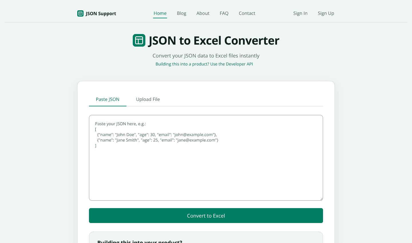 JSON to Excel Converter — Free Online Tool screenshot 1