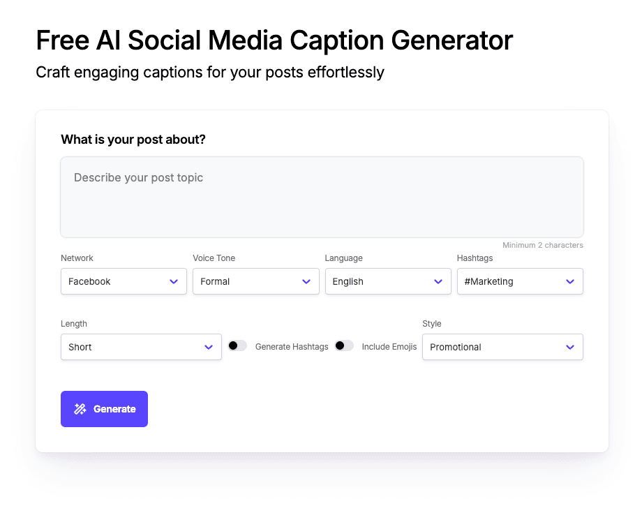 Free AI Social Media Caption Generator Free AI Social Media Caption Generator screenshot 1