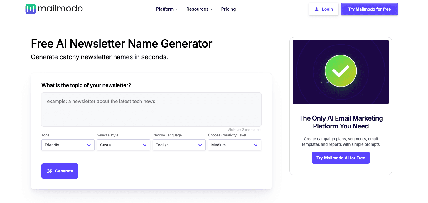 Free AI Newsletter Name Generator Free AI Newsletter Name Generator screenshot 1