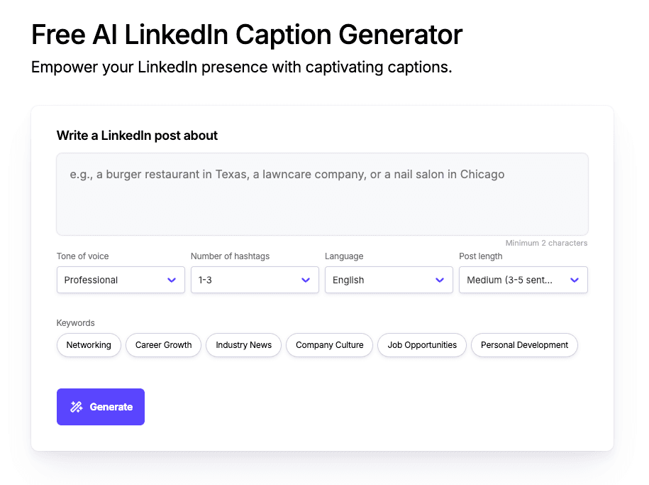 Free AI LinkedIn Caption Generator Free AI LinkedIn Caption Generator screenshot 1