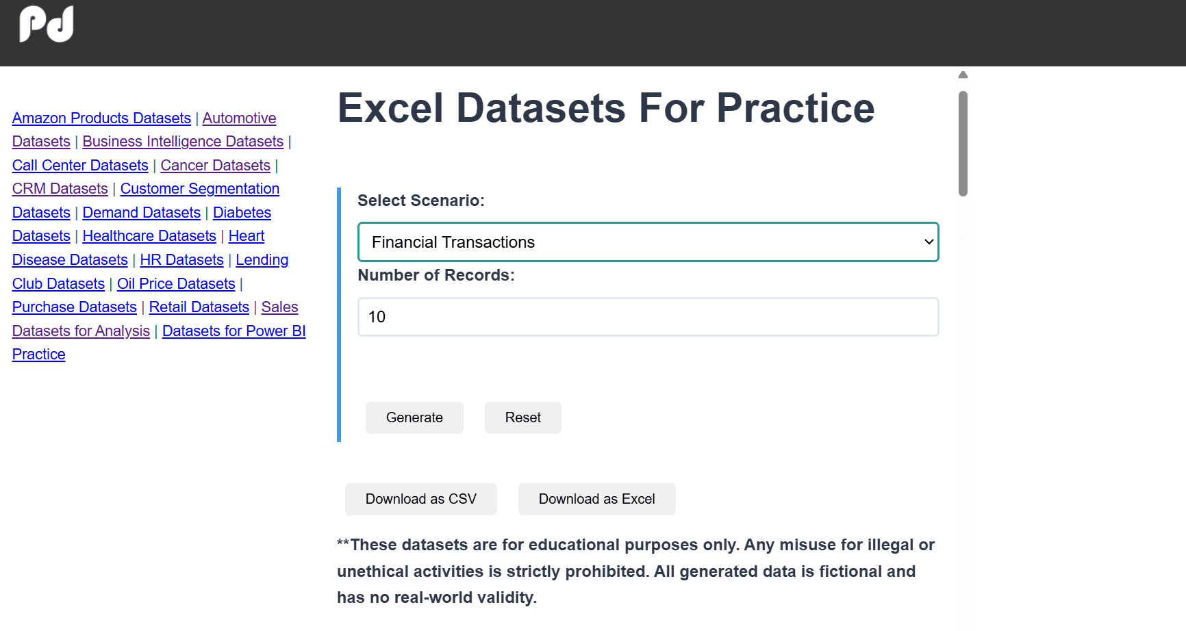 Excel Datasets Generator Excel Datasets Generator screenshot 1