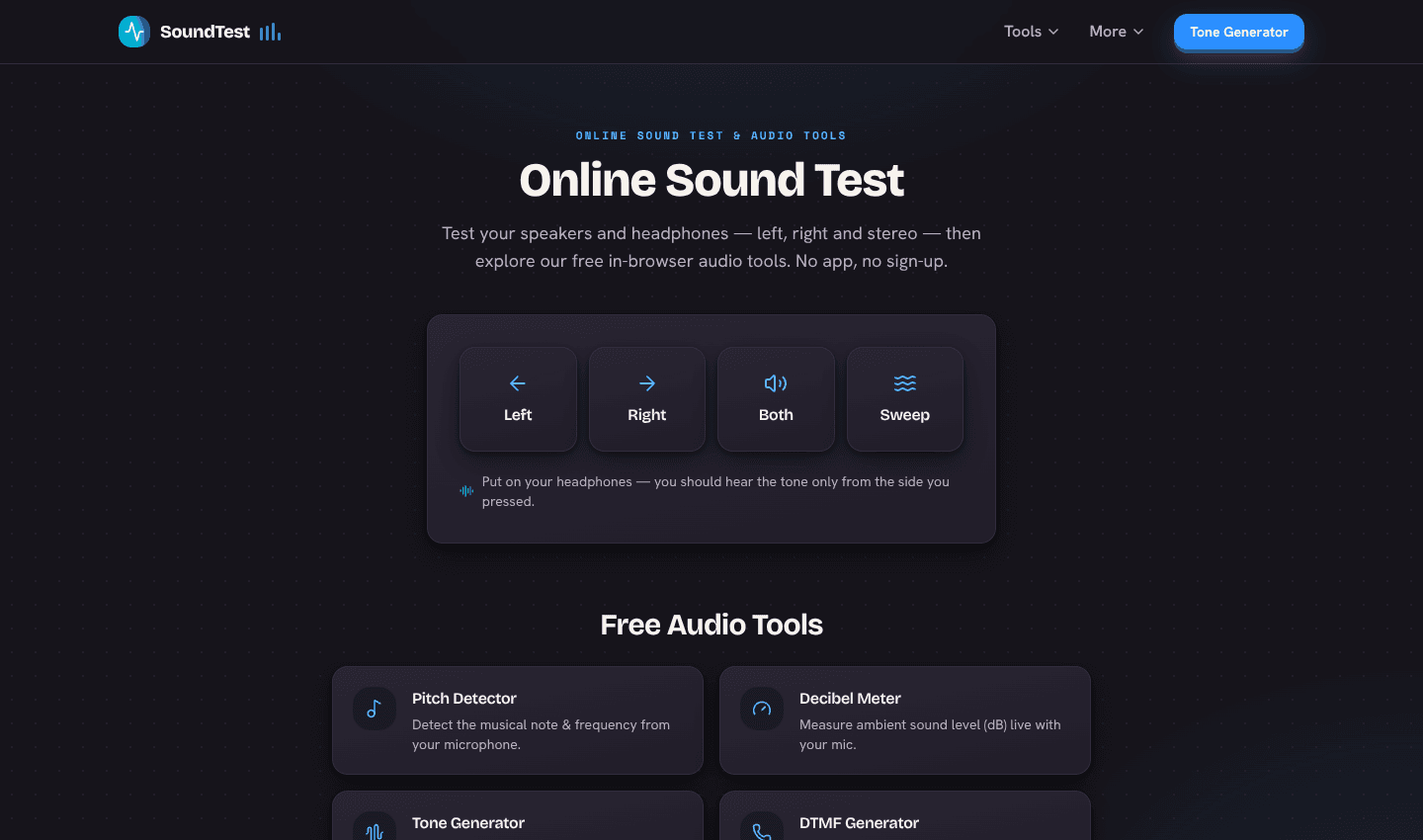 Sound Test — Test Speakers, Headphones & Audio Online | SoundTest Sound Test — Test Speakers, Headphones & Audio Online | SoundTest screenshot 1